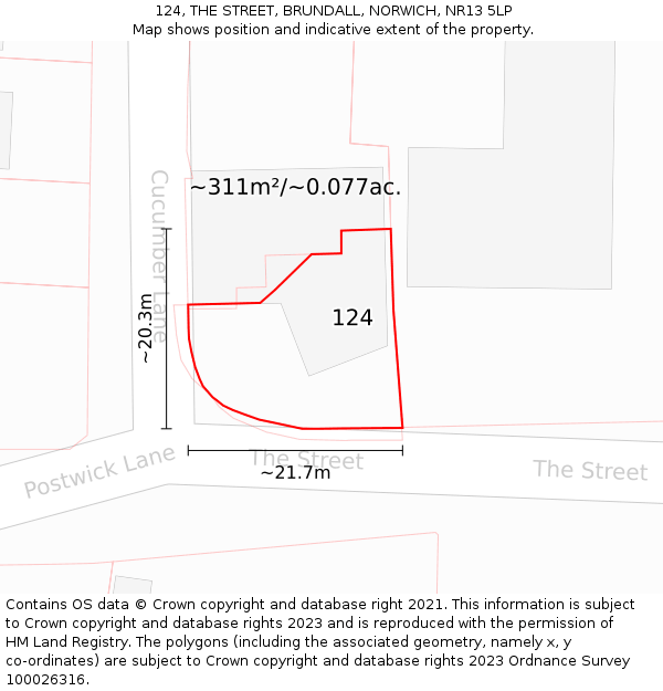 124, THE STREET, BRUNDALL, NORWICH, NR13 5LP: Plot and title map