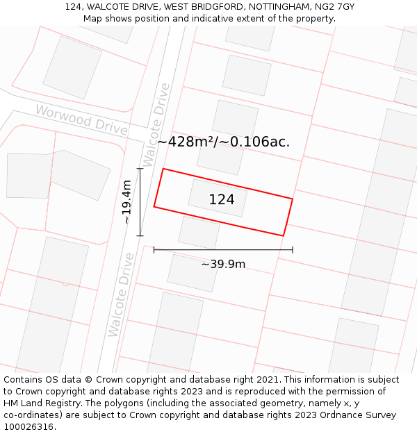 124, WALCOTE DRIVE, WEST BRIDGFORD, NOTTINGHAM, NG2 7GY: Plot and title map