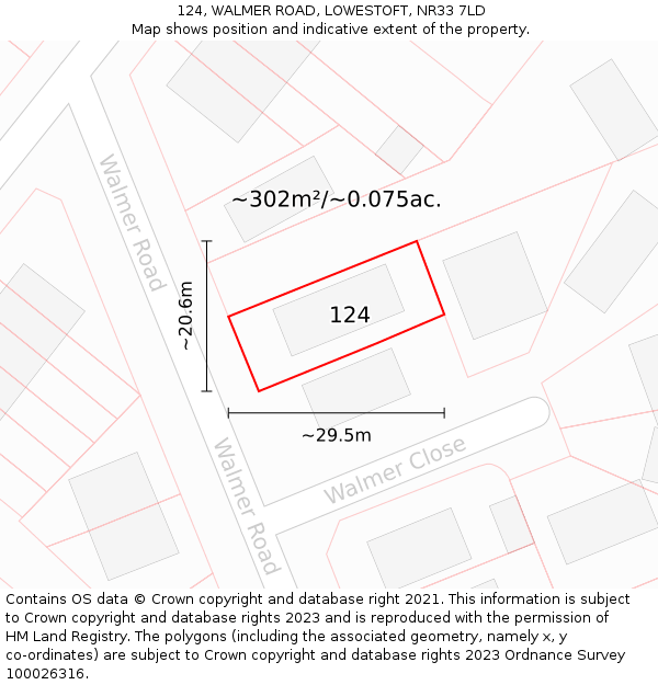 124, WALMER ROAD, LOWESTOFT, NR33 7LD: Plot and title map