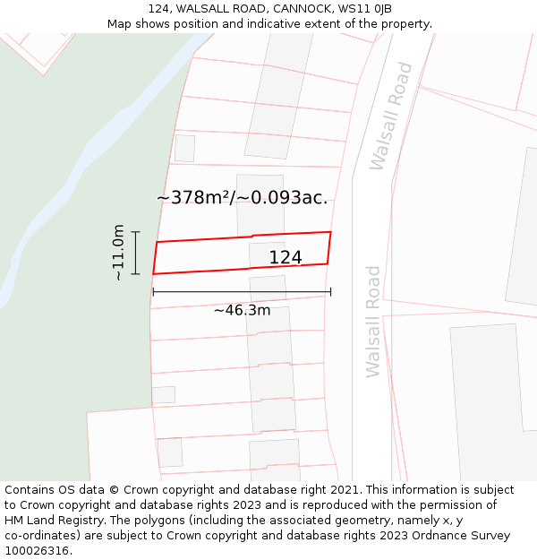 124, WALSALL ROAD, CANNOCK, WS11 0JB: Plot and title map