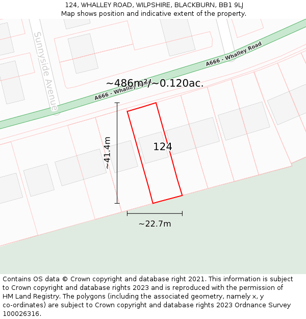 124, WHALLEY ROAD, WILPSHIRE, BLACKBURN, BB1 9LJ: Plot and title map