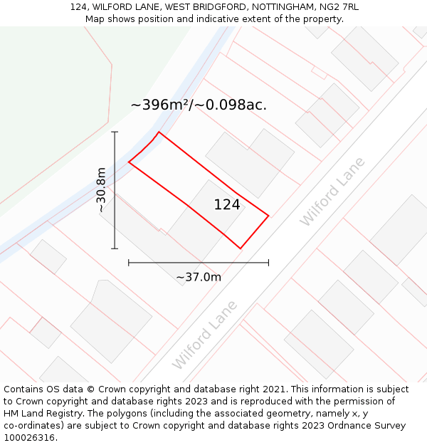 124, WILFORD LANE, WEST BRIDGFORD, NOTTINGHAM, NG2 7RL: Plot and title map