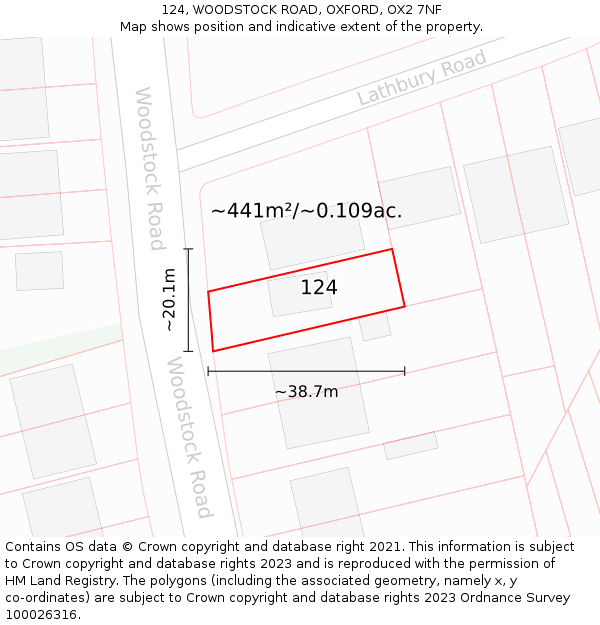 124, WOODSTOCK ROAD, OXFORD, OX2 7NF: Plot and title map