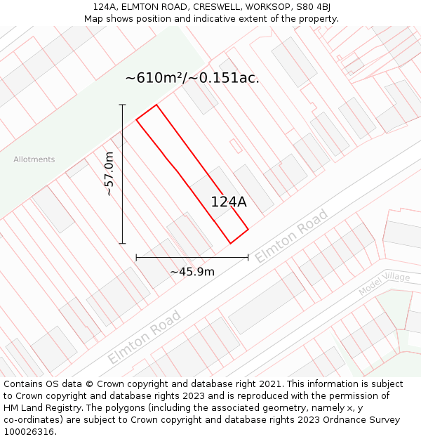 124A, ELMTON ROAD, CRESWELL, WORKSOP, S80 4BJ: Plot and title map