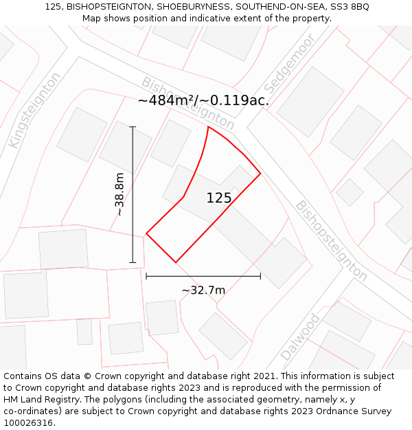 125, BISHOPSTEIGNTON, SHOEBURYNESS, SOUTHEND-ON-SEA, SS3 8BQ: Plot and title map