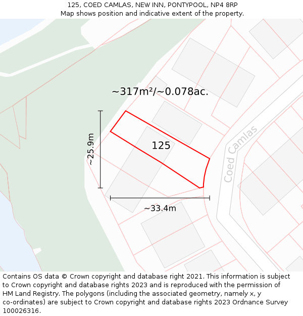 125, COED CAMLAS, NEW INN, PONTYPOOL, NP4 8RP: Plot and title map