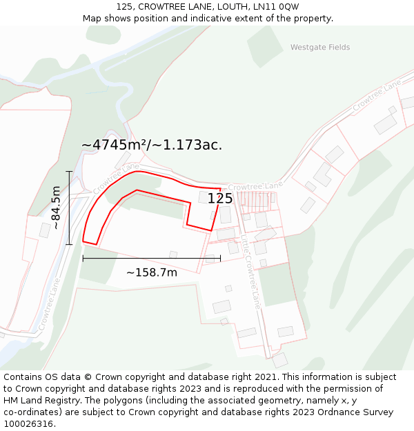 125, CROWTREE LANE, LOUTH, LN11 0QW: Plot and title map