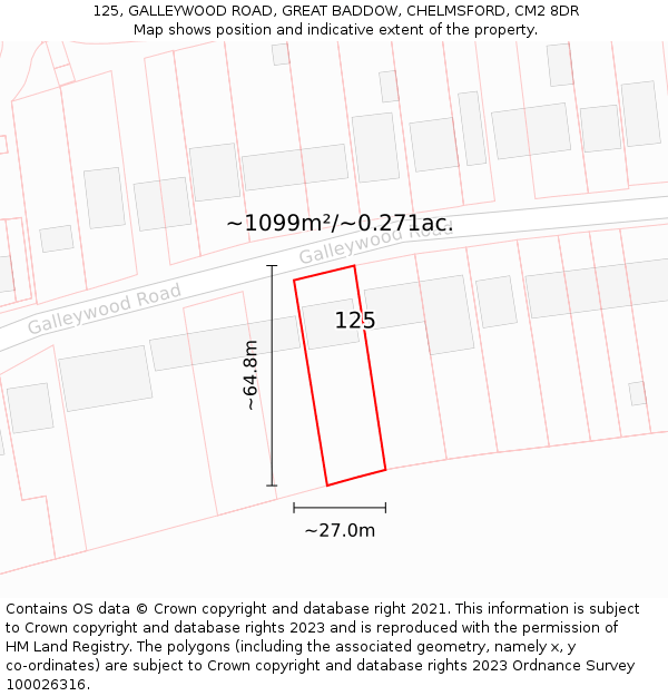 125, GALLEYWOOD ROAD, GREAT BADDOW, CHELMSFORD, CM2 8DR: Plot and title map