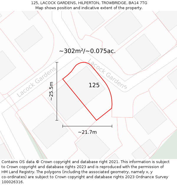 125, LACOCK GARDENS, HILPERTON, TROWBRIDGE, BA14 7TG: Plot and title map