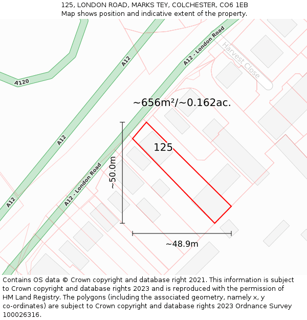 125, LONDON ROAD, MARKS TEY, COLCHESTER, CO6 1EB: Plot and title map