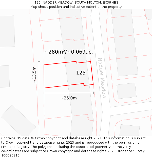 125, NADDER MEADOW, SOUTH MOLTON, EX36 4BS: Plot and title map