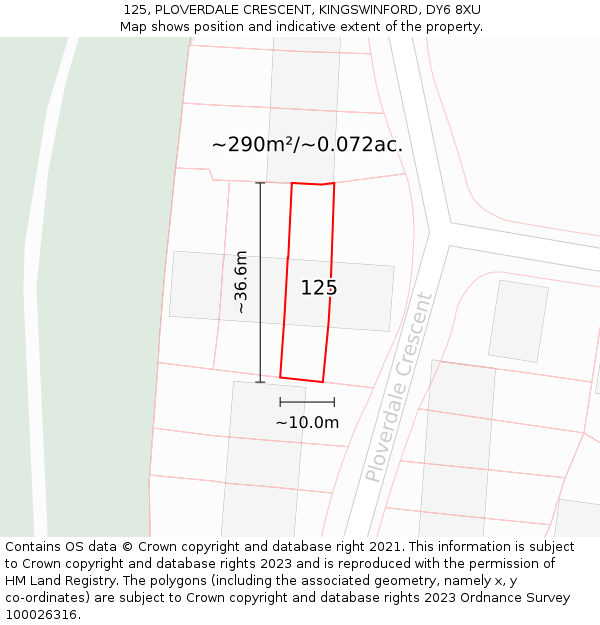 125, PLOVERDALE CRESCENT, KINGSWINFORD, DY6 8XU: Plot and title map