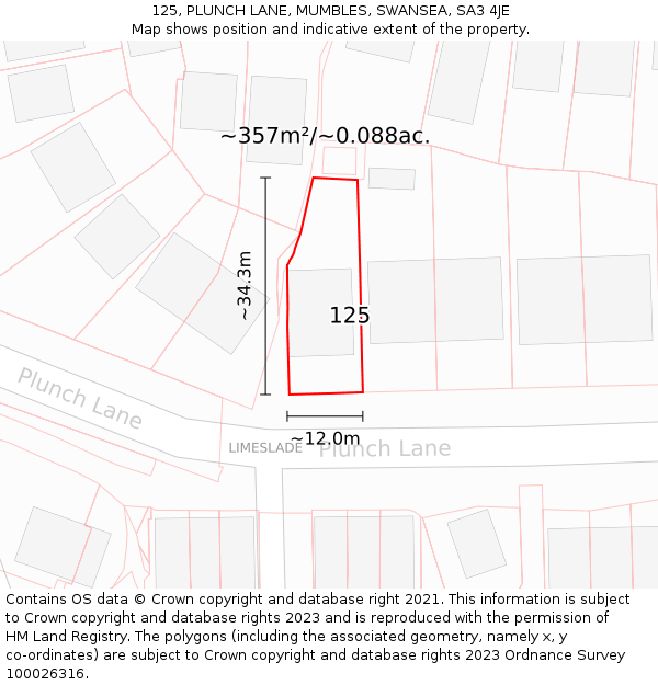 125, PLUNCH LANE, MUMBLES, SWANSEA, SA3 4JE: Plot and title map