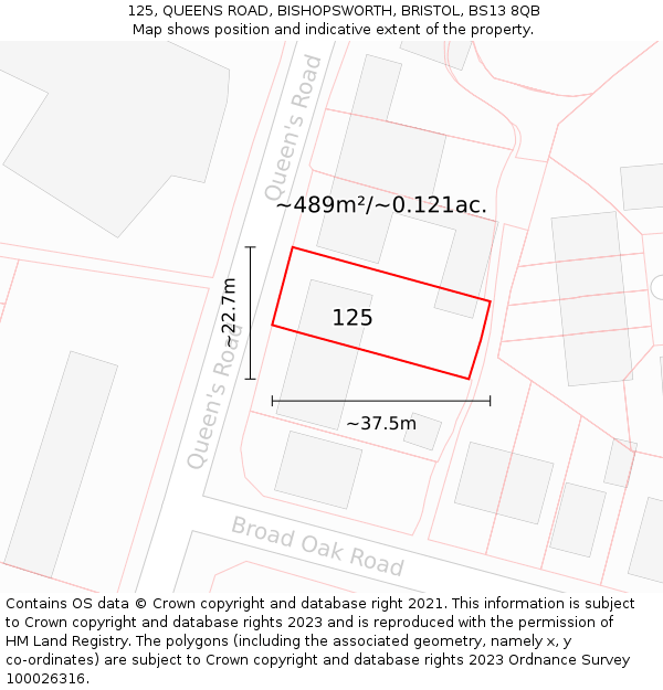 125, QUEENS ROAD, BISHOPSWORTH, BRISTOL, BS13 8QB: Plot and title map