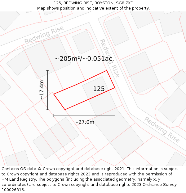 125, REDWING RISE, ROYSTON, SG8 7XD: Plot and title map