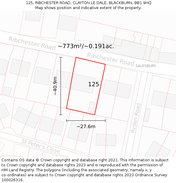 125, RIBCHESTER ROAD, CLAYTON LE DALE, BLACKBURN, BB1 9HQ: Plot and title map