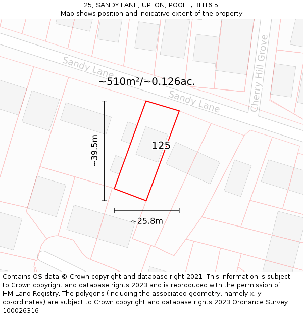 125, SANDY LANE, UPTON, POOLE, BH16 5LT: Plot and title map