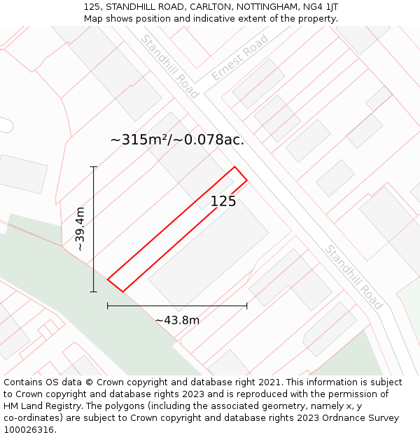 125, STANDHILL ROAD, CARLTON, NOTTINGHAM, NG4 1JT: Plot and title map