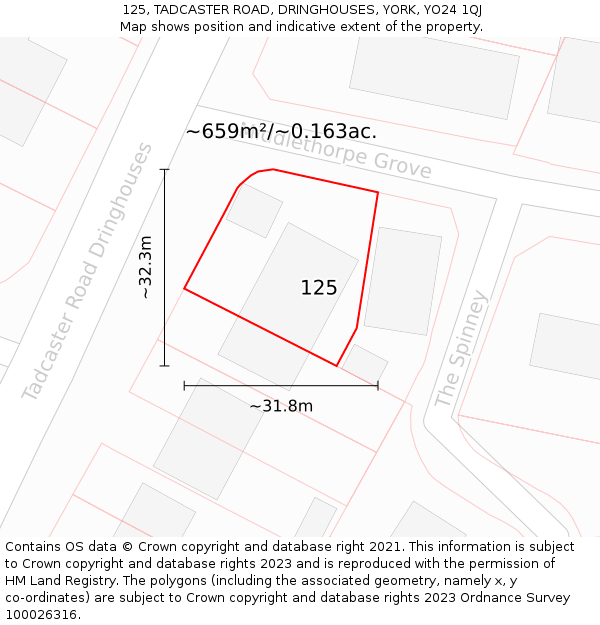 125, TADCASTER ROAD, DRINGHOUSES, YORK, YO24 1QJ: Plot and title map