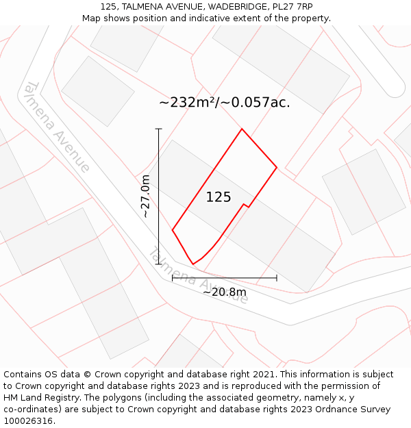 125, TALMENA AVENUE, WADEBRIDGE, PL27 7RP: Plot and title map