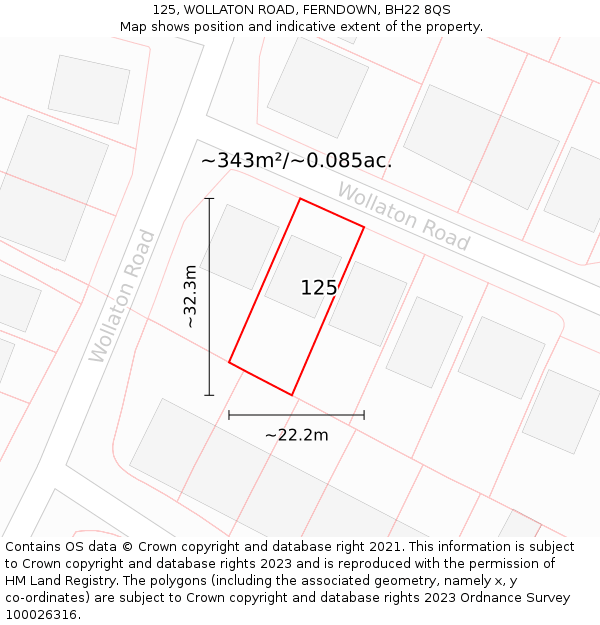 125, WOLLATON ROAD, FERNDOWN, BH22 8QS: Plot and title map