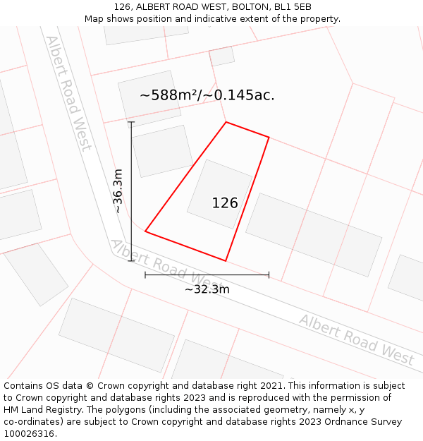 126, ALBERT ROAD WEST, BOLTON, BL1 5EB: Plot and title map