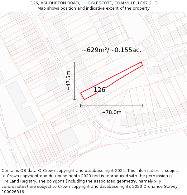 126, ASHBURTON ROAD, HUGGLESCOTE, COALVILLE, LE67 2HD: Plot and title map