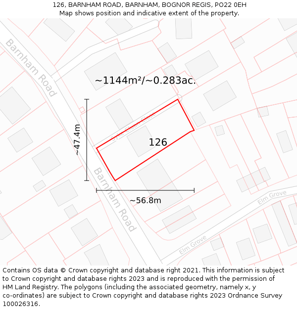 126, BARNHAM ROAD, BARNHAM, BOGNOR REGIS, PO22 0EH: Plot and title map