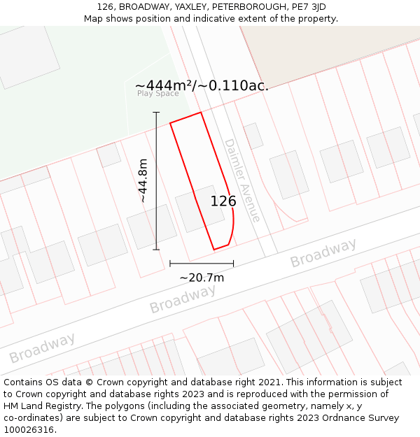 126, BROADWAY, YAXLEY, PETERBOROUGH, PE7 3JD: Plot and title map