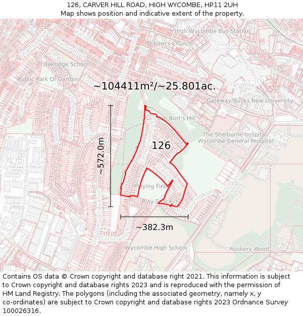 126, CARVER HILL ROAD, HIGH WYCOMBE, HP11 2UH: Plot and title map