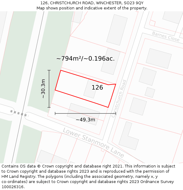 126, CHRISTCHURCH ROAD, WINCHESTER, SO23 9QY: Plot and title map