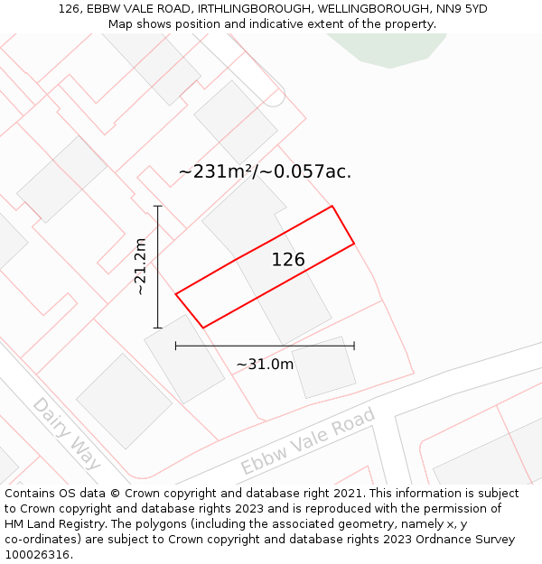 126, EBBW VALE ROAD, IRTHLINGBOROUGH, WELLINGBOROUGH, NN9 5YD: Plot and title map