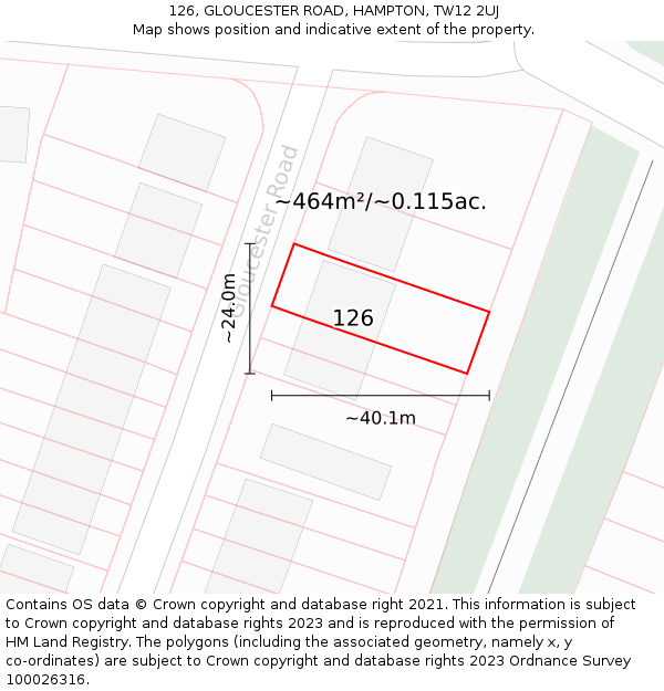 126, GLOUCESTER ROAD, HAMPTON, TW12 2UJ: Plot and title map