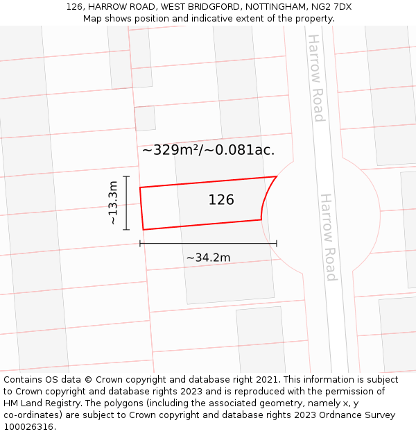 126, HARROW ROAD, WEST BRIDGFORD, NOTTINGHAM, NG2 7DX: Plot and title map