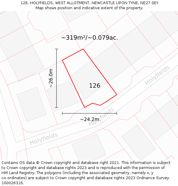 126, HOLYFIELDS, WEST ALLOTMENT, NEWCASTLE UPON TYNE, NE27 0EY: Plot and title map