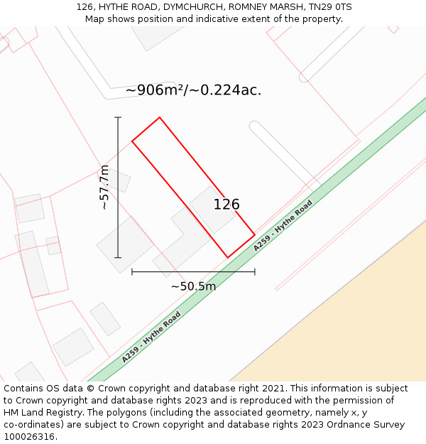 126, HYTHE ROAD, DYMCHURCH, ROMNEY MARSH, TN29 0TS: Plot and title map