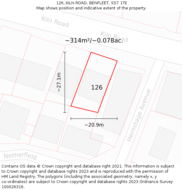 126, KILN ROAD, BENFLEET, SS7 1TE: Plot and title map