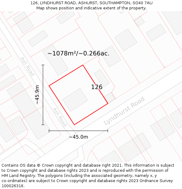 126, LYNDHURST ROAD, ASHURST, SOUTHAMPTON, SO40 7AU: Plot and title map