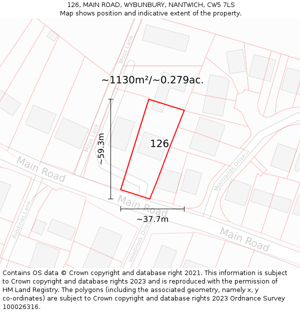 126, MAIN ROAD, WYBUNBURY, NANTWICH, CW5 7LS: Plot and title map