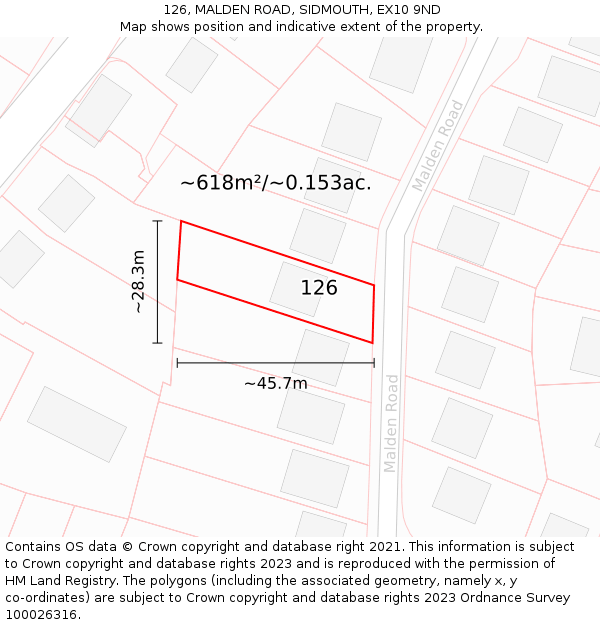 126, MALDEN ROAD, SIDMOUTH, EX10 9ND: Plot and title map