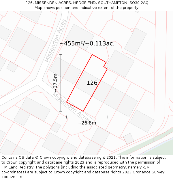 126, MISSENDEN ACRES, HEDGE END, SOUTHAMPTON, SO30 2AQ: Plot and title map