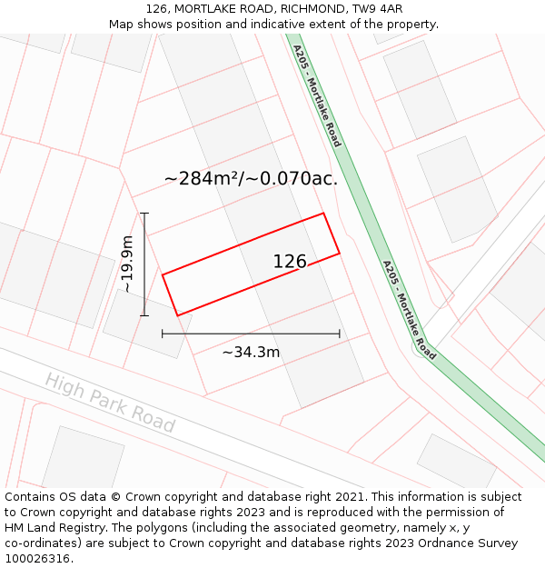 126, MORTLAKE ROAD, RICHMOND, TW9 4AR: Plot and title map