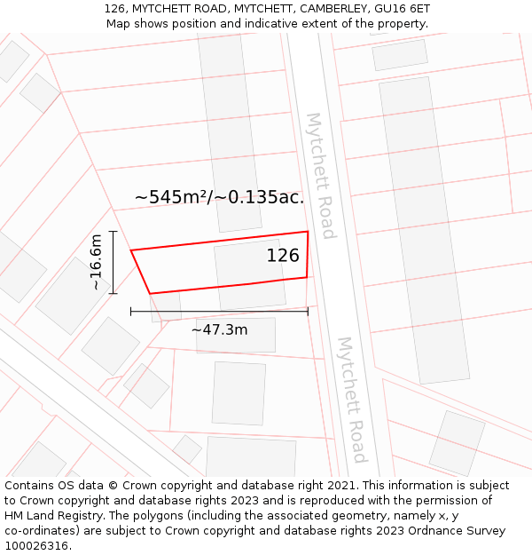 126, MYTCHETT ROAD, MYTCHETT, CAMBERLEY, GU16 6ET: Plot and title map