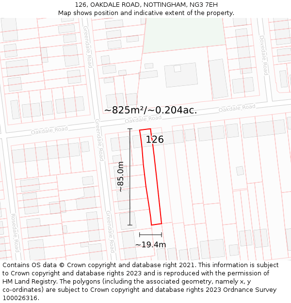 126, OAKDALE ROAD, NOTTINGHAM, NG3 7EH: Plot and title map