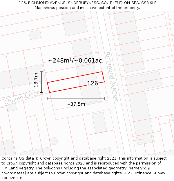 126, RICHMOND AVENUE, SHOEBURYNESS, SOUTHEND-ON-SEA, SS3 9LF: Plot and title map