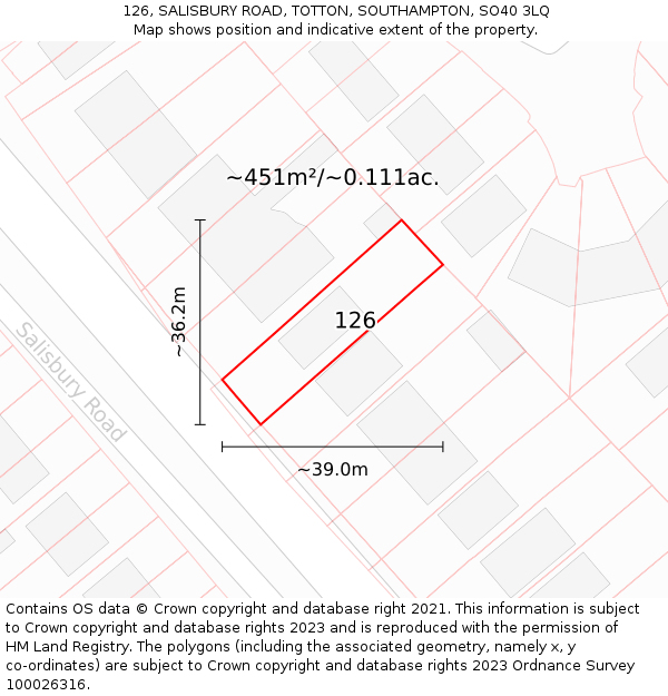 126, SALISBURY ROAD, TOTTON, SOUTHAMPTON, SO40 3LQ: Plot and title map