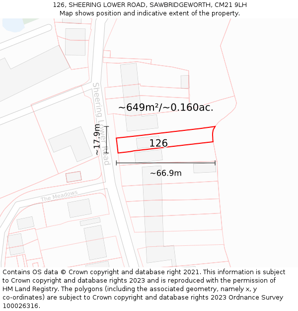 126, SHEERING LOWER ROAD, SAWBRIDGEWORTH, CM21 9LH: Plot and title map