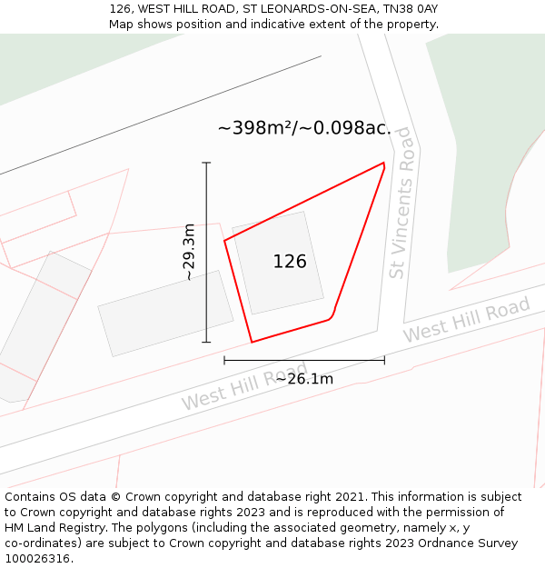 126, WEST HILL ROAD, ST LEONARDS-ON-SEA, TN38 0AY: Plot and title map