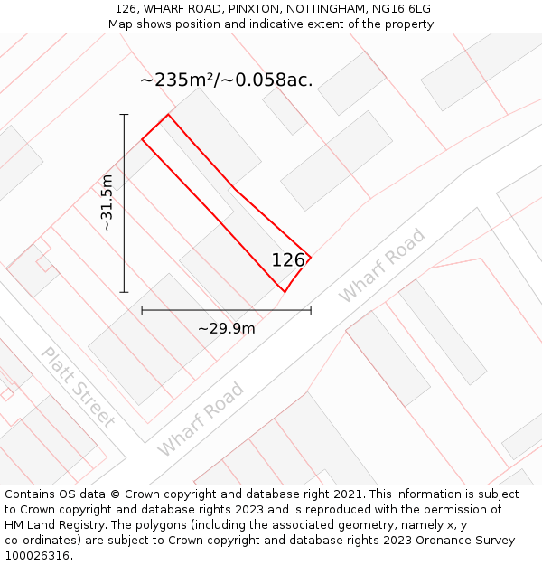 126, WHARF ROAD, PINXTON, NOTTINGHAM, NG16 6LG: Plot and title map