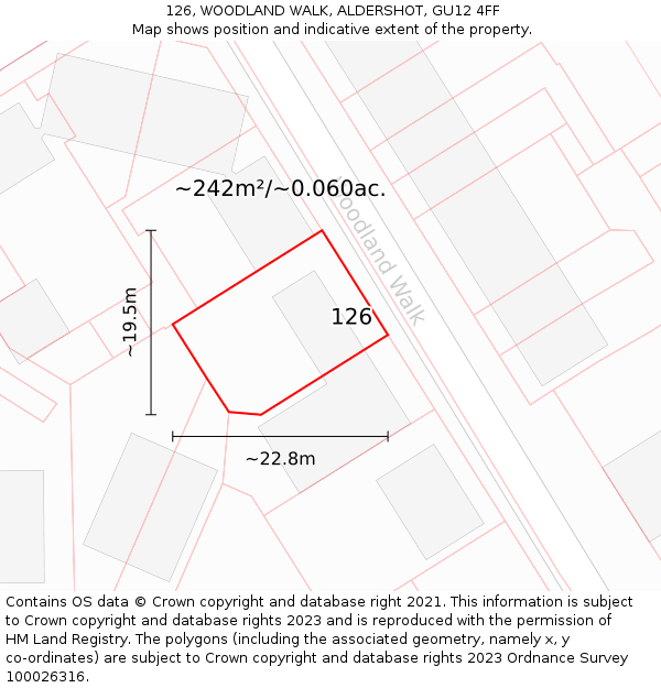 126, WOODLAND WALK, ALDERSHOT, GU12 4FF: Plot and title map